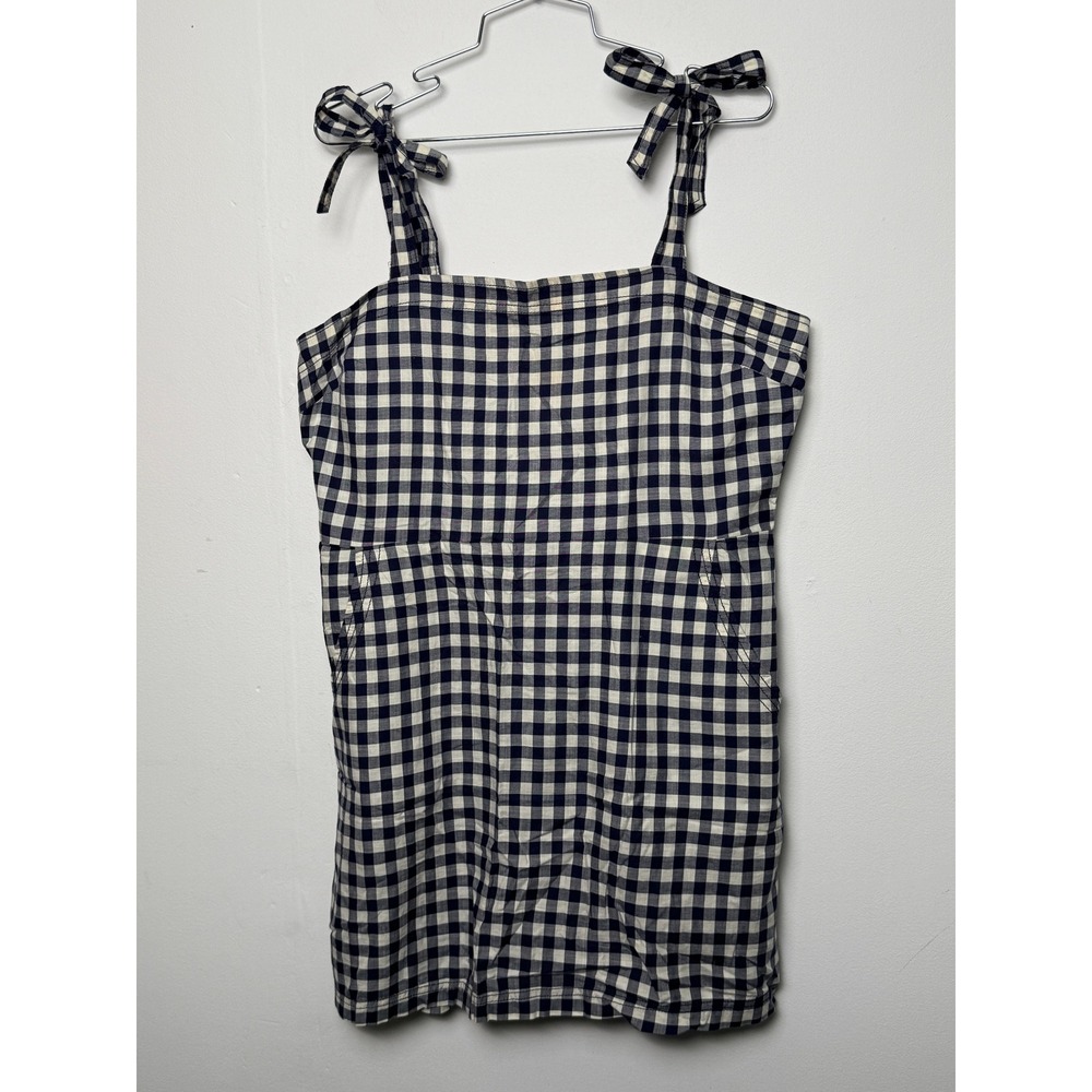 EXPRESS Gingham Square Neck Tie Strap Mini Dress Navy White Size L‎
